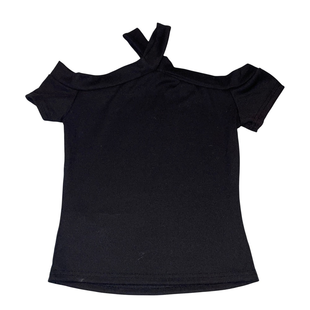 Ribbed Top Teen 14Y Black Cold Shoulder Criss Cross Neck Y2K Edgy
